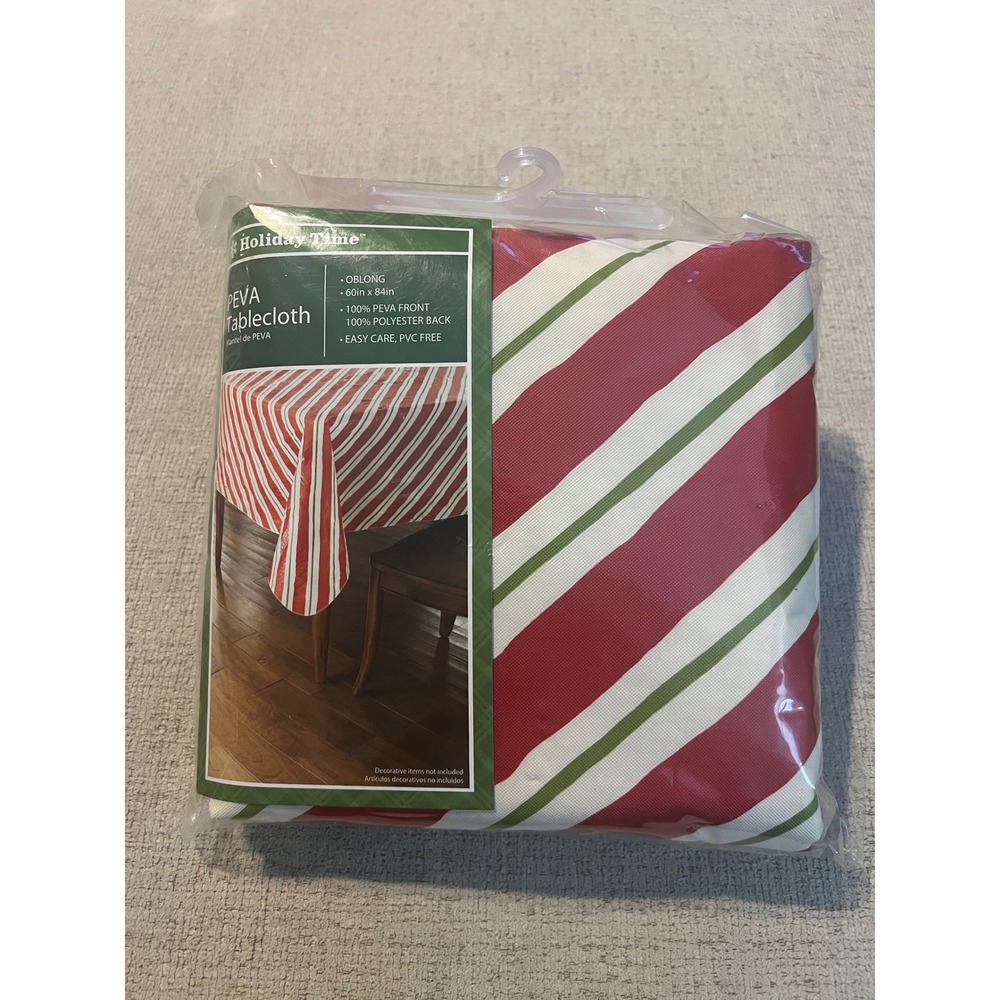 Holiday Time PEVA Tablecloth Red Green White Stripe Oblong 60x84 Christmas NEW